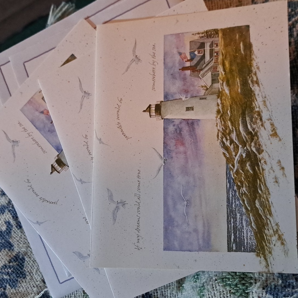Blank notecards greeting 3 pack lighthouse coast sea gulls flags nature ocean
